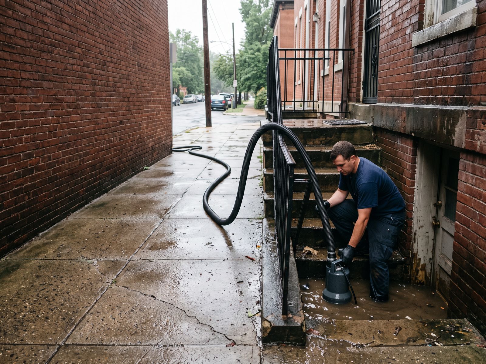 Restoration Doctor technician pumping floodwater out of a below-grade English basement stairwell at a Washington DC row house