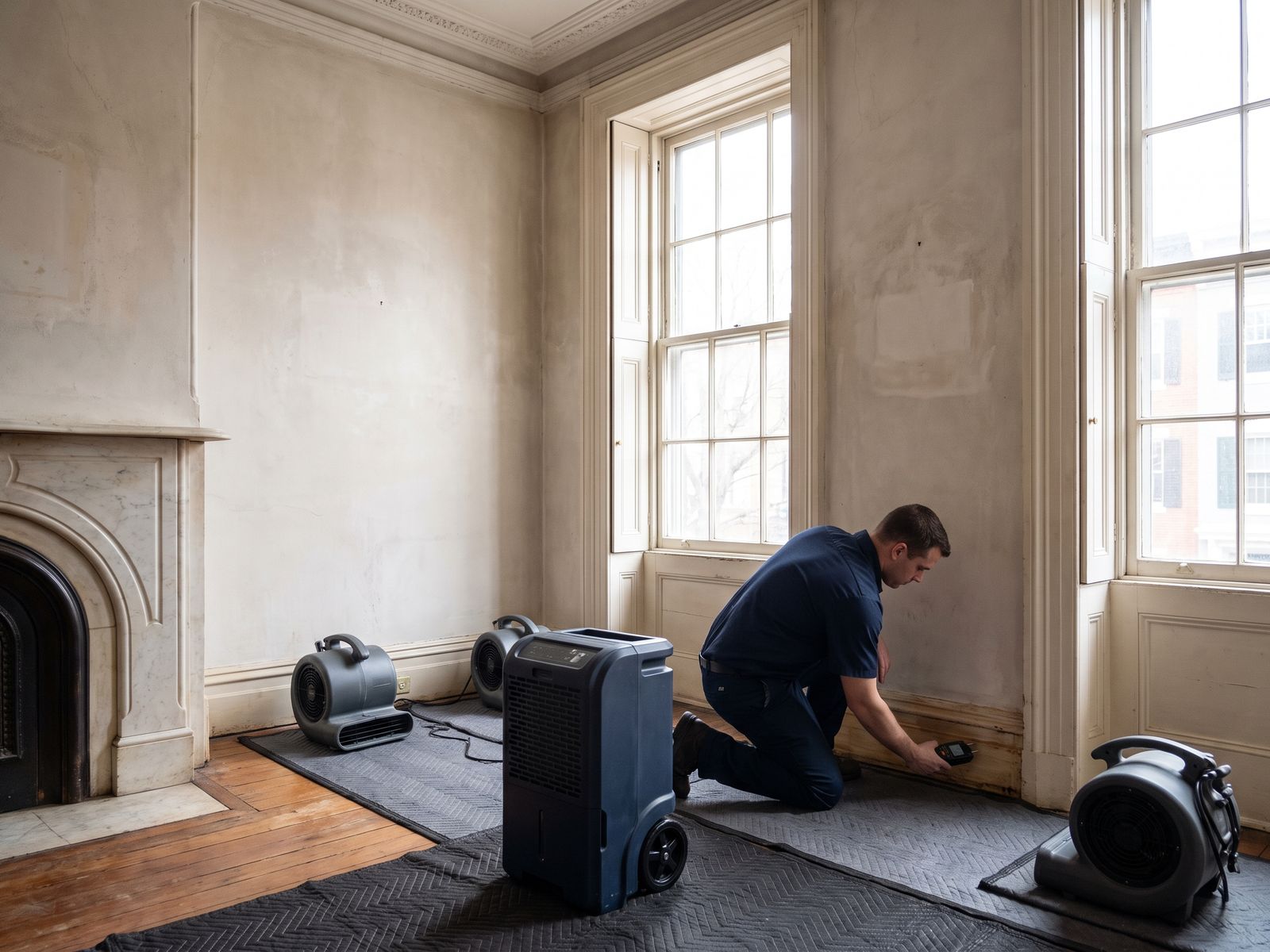 Restoration Doctor technician checking moisture at water-stained baseboard millwork in a historic Georgetown parlor set up with air movers and a dehumidifier